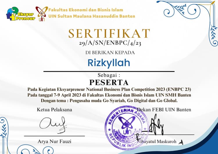 Eksyarpreneur Business Plan certificate preview