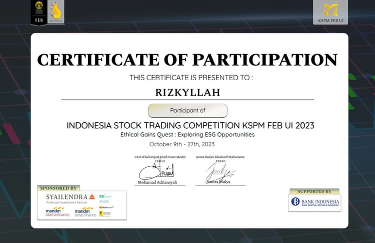 Indonesia Stock Trading Competition UI certificate preview